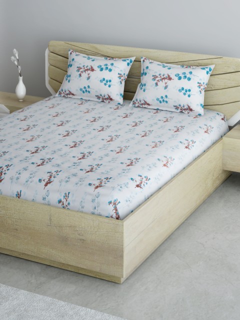 

Aura White & Teal Blue Floral 120 TC 130 GSM Cotton 1 King Bedsheet with 2 Pillow Covers