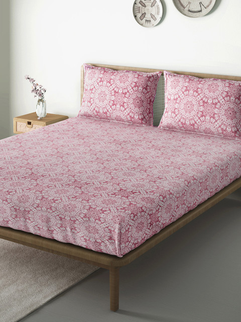 

Aura Pink & White Printed 120 TC 130 GSM Cotton 1 Queen Bedsheet with 2 Pillow Covers