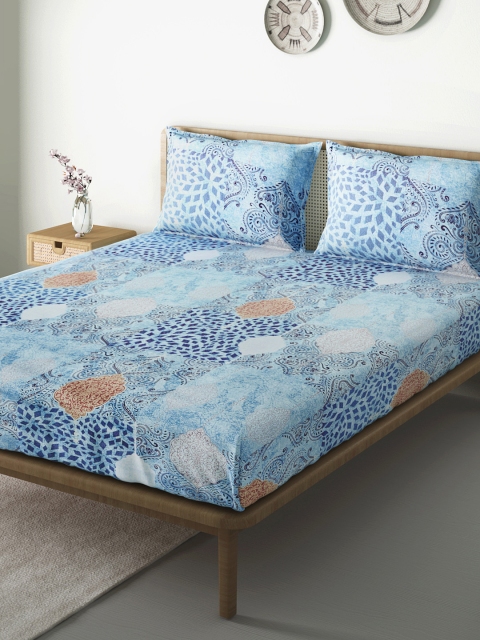 

Aura Blue & White Ethnic Motifs 120 TC GSM 130 Cotton 1 King Bedsheet with 2 Pillow Covers