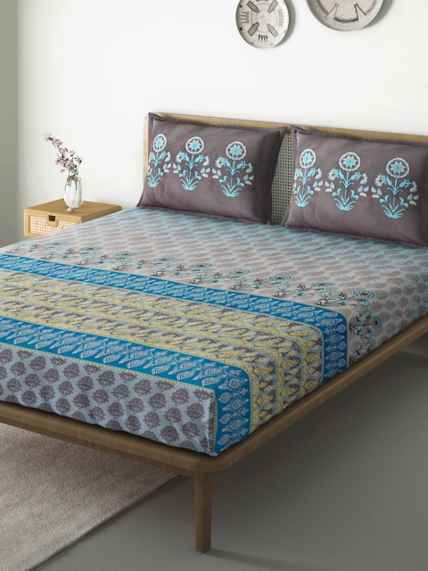 

Aura Blue & Grey Ethnic Motifs 210 TC 120 GSM Cotton 1 King Bedsheet with 2 Pillow Covers