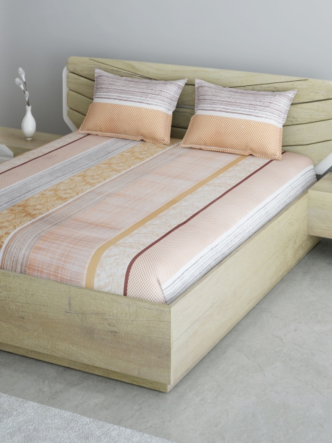 

Aura White & Rust Orange Striped 120 TC 130 GSM Cotton King Bedsheet with 2 Pillow Covers
