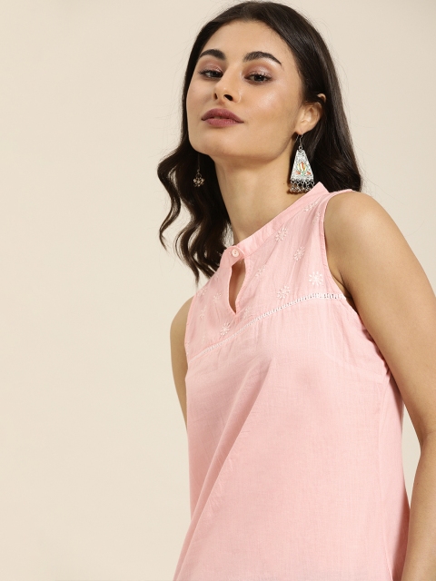 

Taavi Women Pink Solid Chikankari Top With Embroidered Detailing