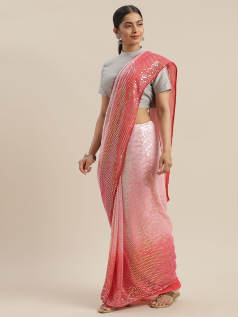 

Mitera Pink & Red Pure Georgette Embellished Saree