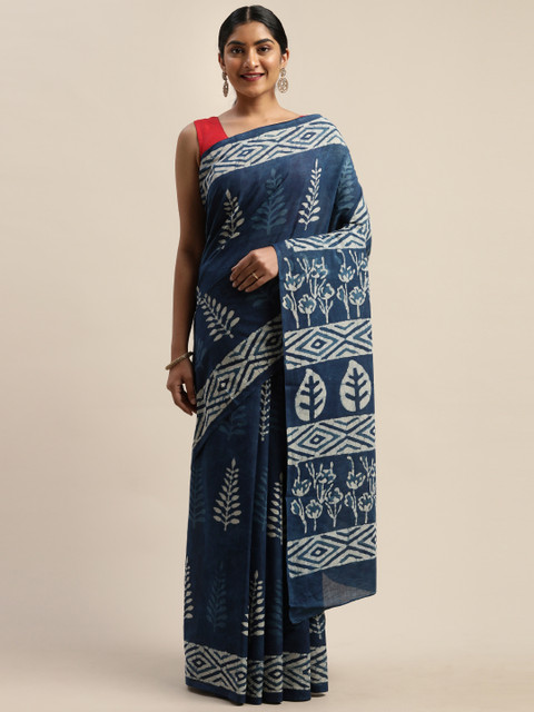 

Mitera Navy Blue & White Pure Cotton Printed Dabu Saree