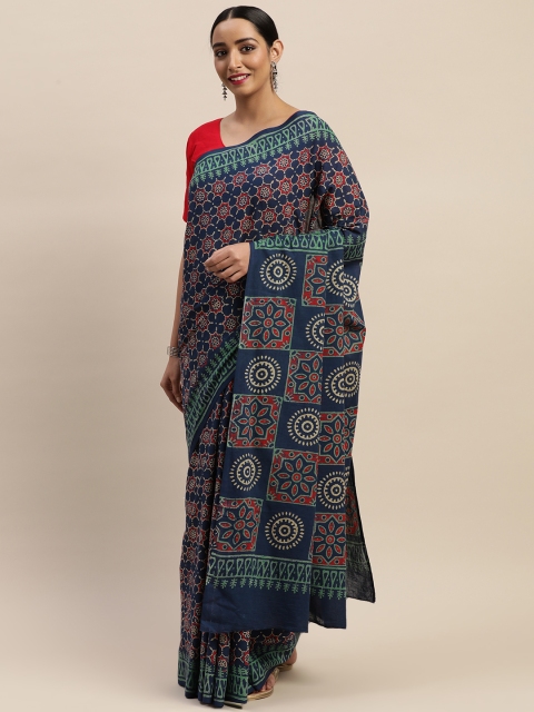 

Mitera Navy Blue & Maroon Pure Cotton Printed Dabu Saree