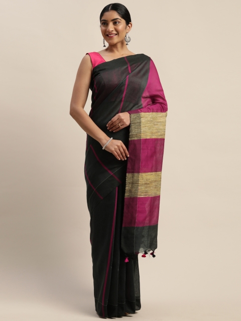 

Mitera Black & Pink Handloom Striped Saree