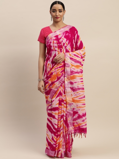 

Mitera Orange & Pink Pure Cotton Printed Khadi Saree