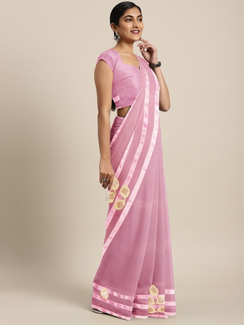 

Mitera Pink Solid Pure Georgette Saree with Patch Work