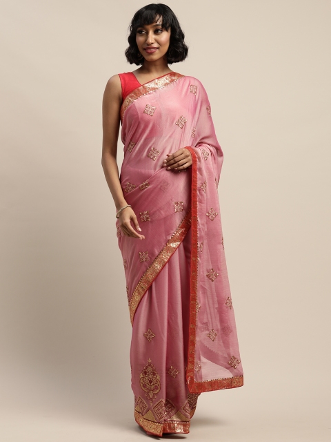 

KALINI Pink Embroidered Pure Chiffon Saree
