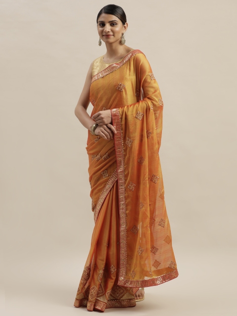 

KALINI Mustard Yellow Embroidered Pure Chiffon Saree