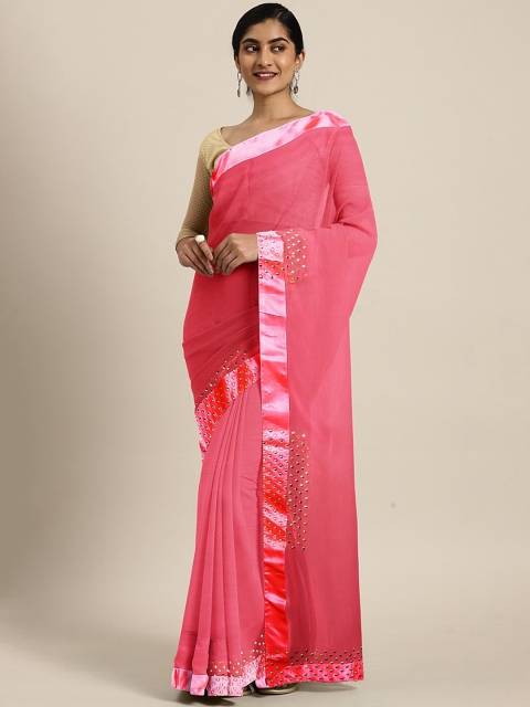 

KALINI Pink & Gold-Toned Pure Georgette Solid Saree