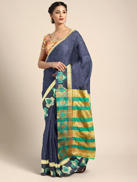 

KALINI Navy Blue & Green Silk Cotton Printed Saree