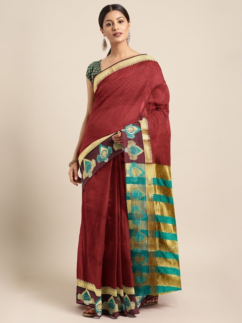 

KALINI Coffee Brown & Gold-Toned Silk Cotton Solid Saree