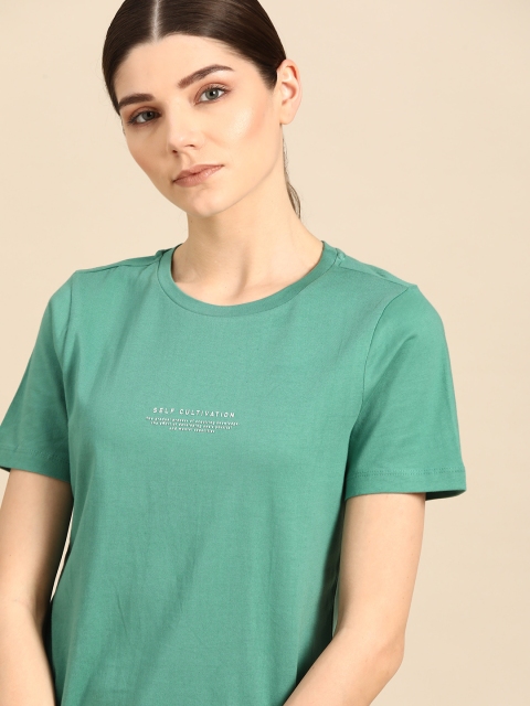 

ether Women Green Printed Detail Pure Cotton Round Neck T-shirt