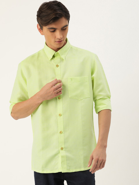 

Burnt Umber Men Lime Green Comfort Regular Fit Solid Casual Linen Shirt