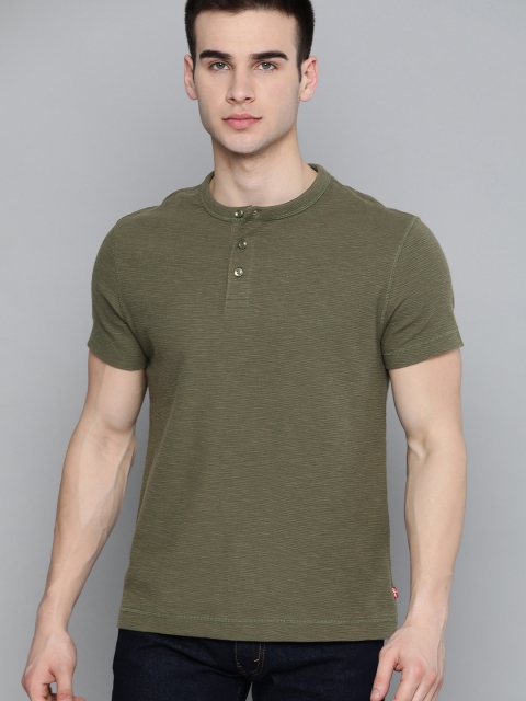 

Levis Men Olive Green Pure Cotton Self Design Henley Neck Pure Cotton T-shirt