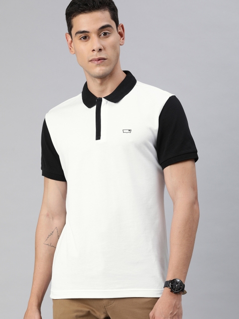 

Levis Men White Slim Fit Solid Polo Collar Contrast Sleeve Pure Cotton T-shirt