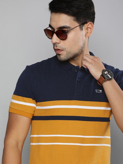 

Levis Men Navy Blue Mustard Yellow Colourblocked Polo Collar Pure Cotton T-shirt