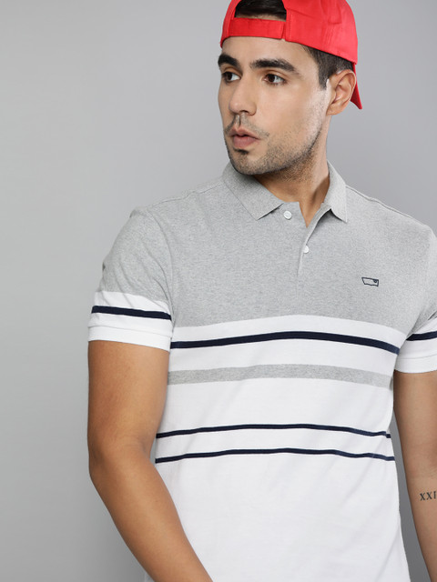 

Levis Men Grey Striped White Polo Collar Pure Cotton T-shirt