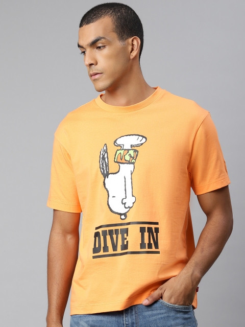 

Levis Men Coral Orange White Baby Tab Diving Print Round Neck Pure Cotton T-shirt