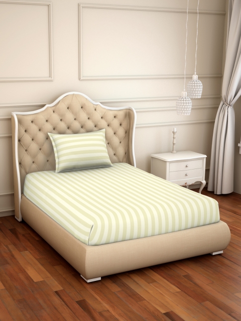

SPACES Green & Beige Striped 300 TC Cotton 1 Single Bedsheet with 1 Pillow Covers