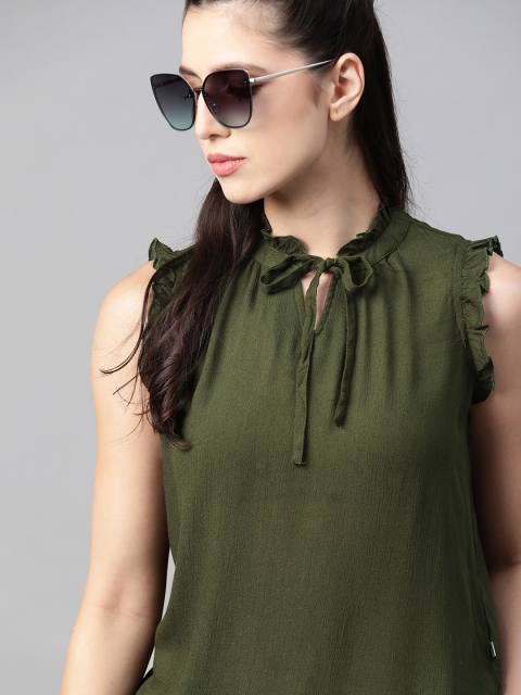 

The Roadster Lifestyle Co Women Olive Green Solid Tie-Up Neck Ruffles Regular Top