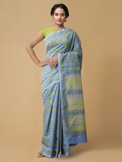 

Unnati Silks Blue Pure Cotton Printed Chanderi Saree
