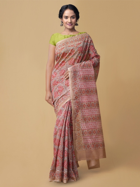

Unnati Silks Brown & Pink Printed Chanderi Saree