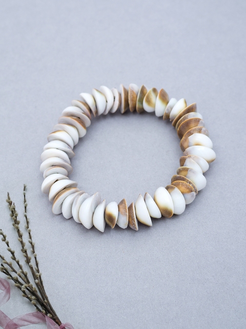 

Golden Peacock White & Brown Bohemian Style Handcrafted Elasticated Shell Bracelet
