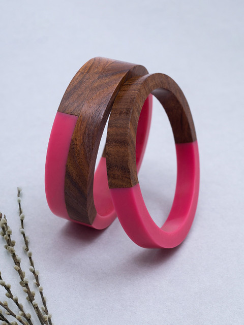 

Golden Peacock Set of 2 Pink & Brown Handcrafted Colourblocked Wooden Bangles