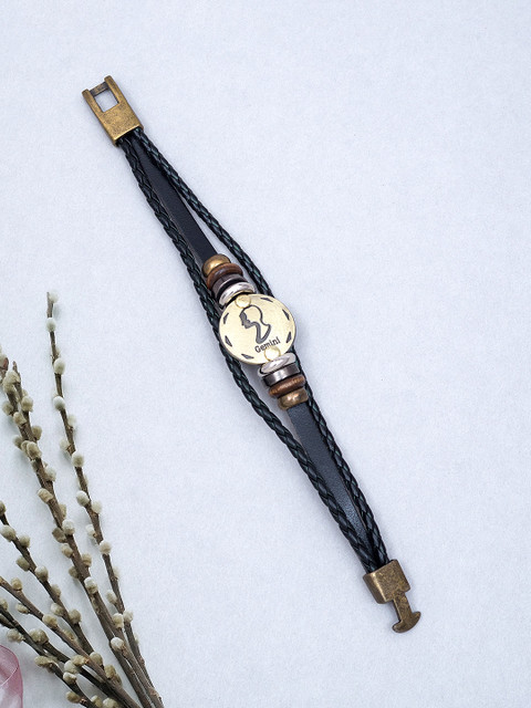 

Golden Peacock Unisex Black Gemini Zodiac Studded & Beaded Handcrafted Leather Bracelet