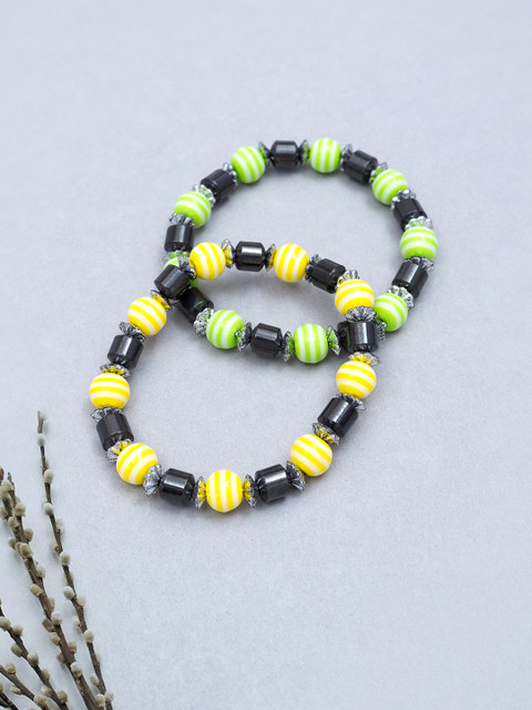

Golden Peacock Set of 2 Beaded Handcrafted Elasticated Bracelets, Yellow