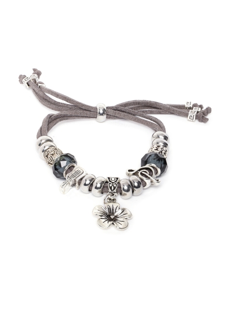 

Golden Peacock Silver-Plated & Charcoal Grey Beaded Flower Shaped Charm Bracelet