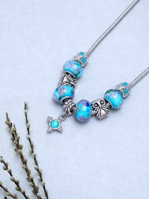 

Golden Peacock Silver-Toned & Blue Beaded & Owl Shaped Pendant with Chain