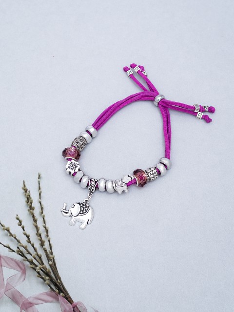 

Golden Peacock Silver-Plated & Purple Beaded Elephant Shaped Charm Bracelet