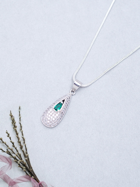 

Golden Peacock Silver-Toned & Green CZ-Studded Teardrop Shaped Pendant with Chain