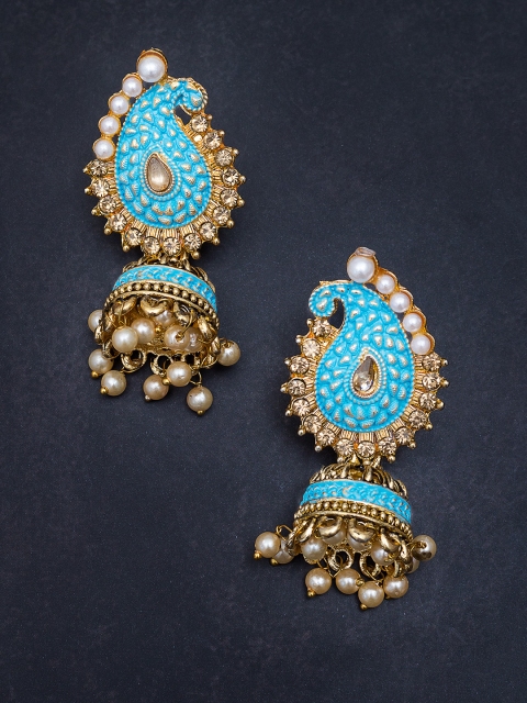 

Golden Peacock Women Gold-Toned & Blue Dome Shaped Jhumkas