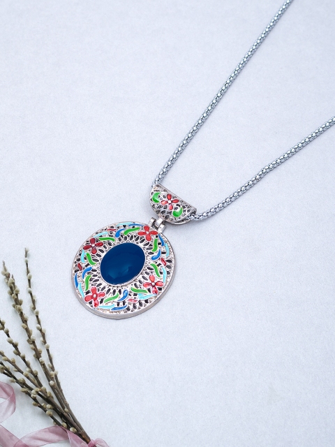 

Golden Peacock Silver-Toned & Blue Cat Eye Oval Pendant with Chain