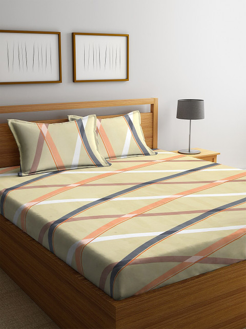 

KLOTTHE Khaki & Orange Striped 210 TC Cotton 1 Double King Bedsheet With 2 Pillow Covers