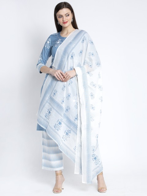 

ANAISA Women Blue & White Printed Kurti with Palazzos & Dupatta