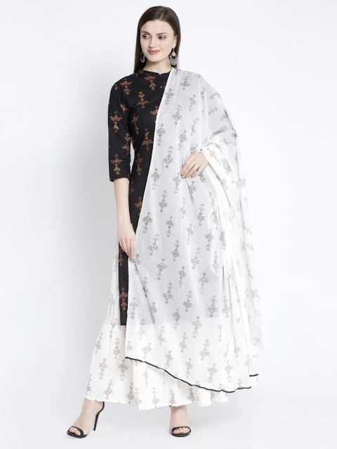 

ANAISA Women Black & White Printed Cotton Kurta with Skirt & Dupatta