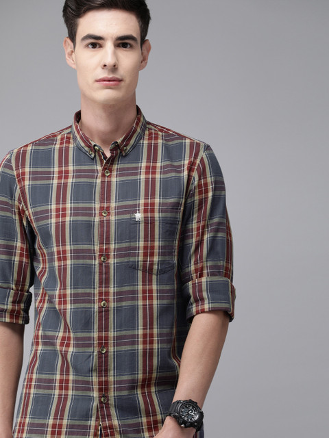 

French Connection Men Blue & Red Slim Fit Checked Casual Shirt