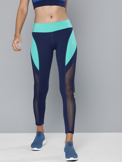 

HRX By Hrithik Roshan Women Medieval Blue , Ai Aqua Colourblock Skinny Fit Mid-Rise Rapid-Dry Antimicrobial Training Tights, Navy blue