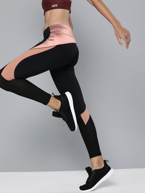 

HRX By Hrithik Roshan Women Jetblack Colourblock Skinny Fit Mid-Rise Rapid-Dry Antimicrobial Training Tights, Black