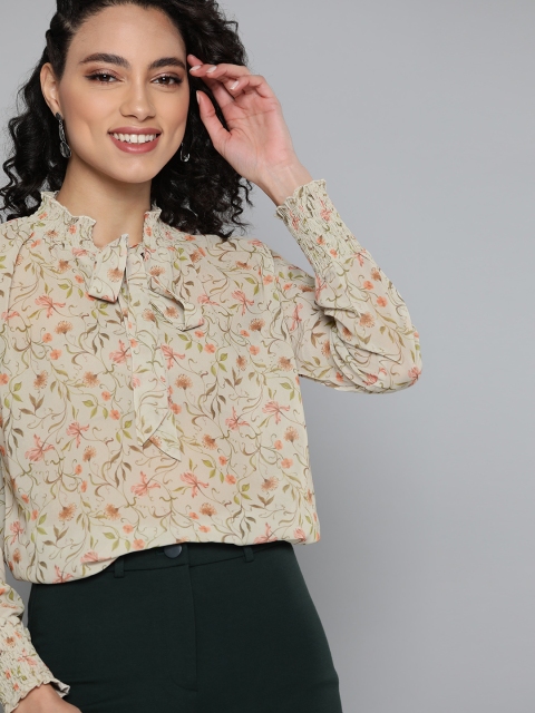 

HERE&NOW Women Green & Peach-Coloured Floral Printed Tie-Up Neck Top