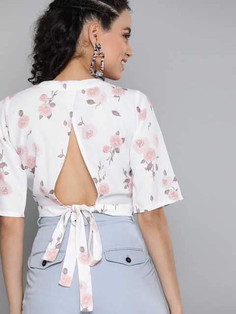 

HERE&NOW Women White & Peach-Coloured Floral Printed Crop Wrap Styled Back Top