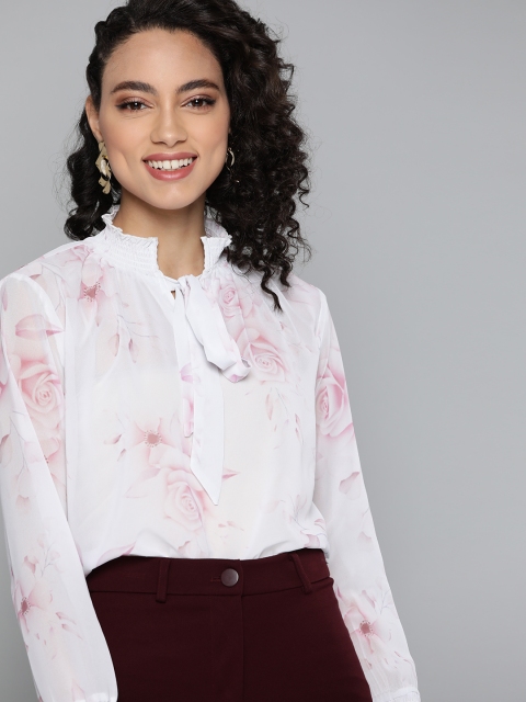 

HERE&NOW Women White & Pink Semi-Sheer Floral Printed Tie-Up Neck Top