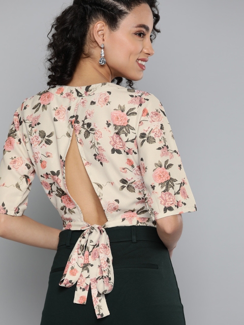 

HERE&NOW Women Cream & Peach-Coloured Floral Printed Crop Wrap Styled Back Top