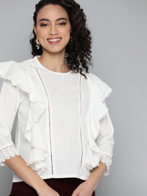 

HERE&NOW Women White Pure Cotton Solid Lace Ruffled Top