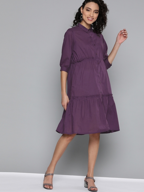 

HERE&NOW Women Purple Pure Cotton Solid Tiered Shirt Dress